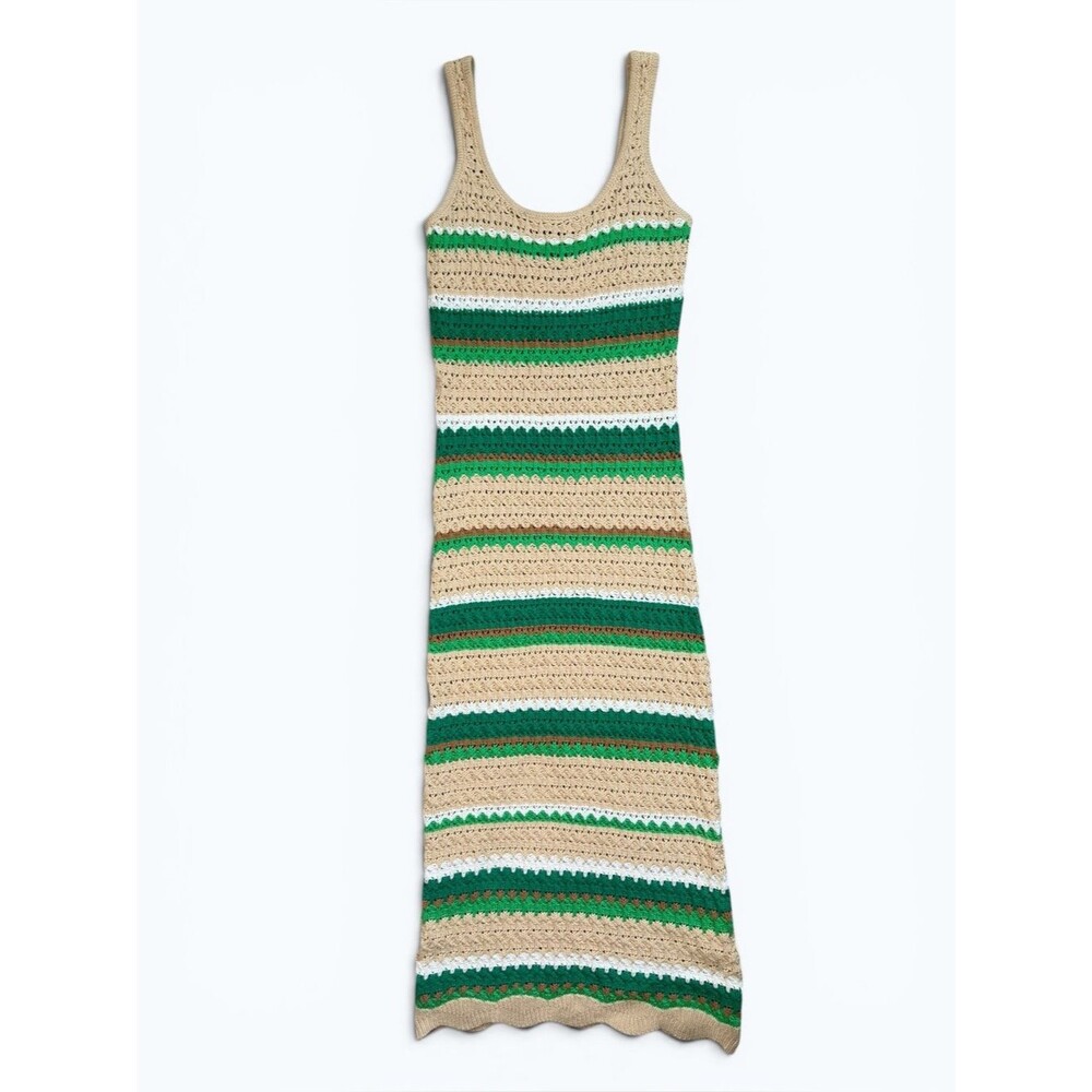 Paper Heart Crochet Striped Maxi Dress Size XS Green Beige Knit